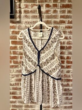 Knox Rose Cream Tank Top with Brown Floral Print and Navy Trim